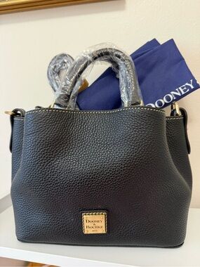Dooney & Bourke Black Pebble Leather Satchel with Gold Logo Plate